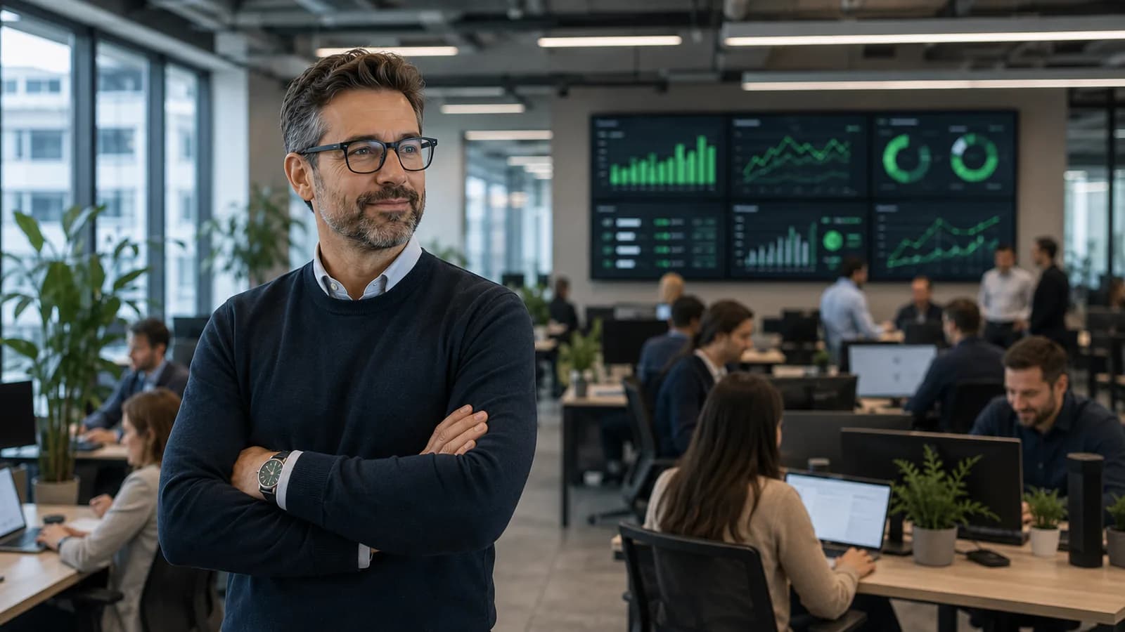 Nyugodt, magabiztos csapat egy modern, tágas irodában